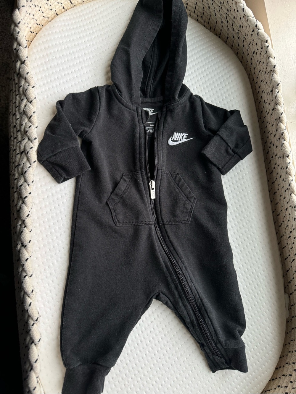 Nike Black Hooded Baby Romper with White Logo